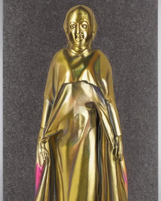 Prompt: a metallic multicolored statue of a woman in long robes