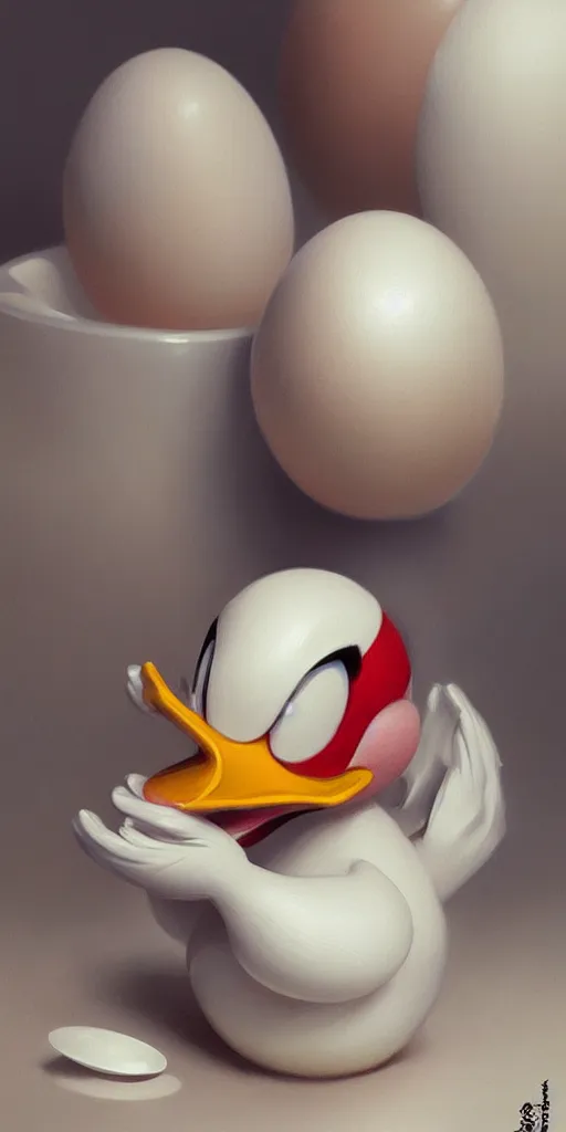 Prompt: realistic photography of a terrified donald duck eating hard boiled eggs, deep focus, intricate, elegant, highly detailed, digital painting, artstation, concept art, matte, sharp focus, illustration, art by artgerm and greg rutkowski and alphonse mucha