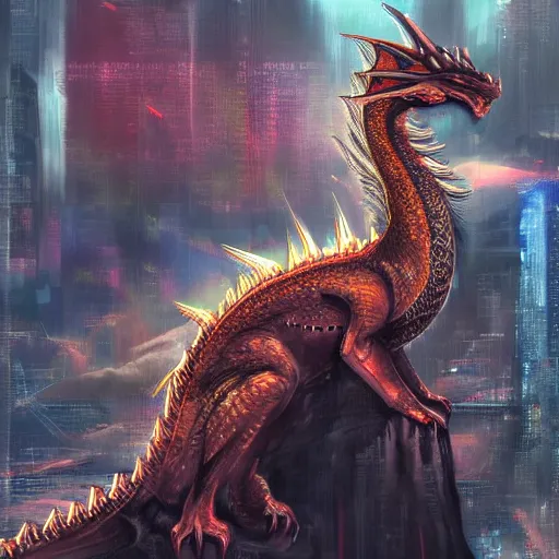 Prompt: a majestic dragon, hd, high quality cyberpunk art