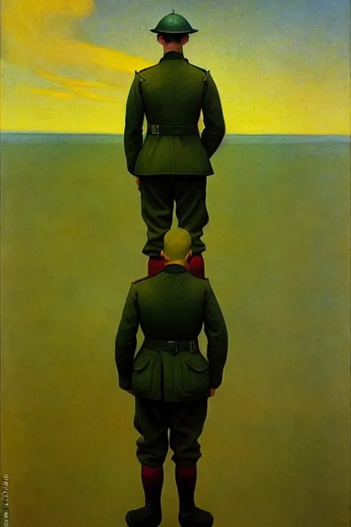 Image similar to world war 1 soldier goes into horizon, edward hopper and james gilleard zdzislaw beksisnski higly detailed