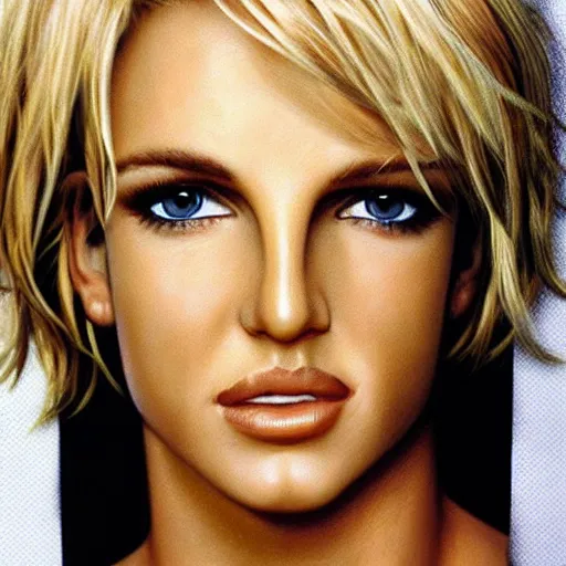 Image similar to portrait of britney spears with his hand on his face, extremely realistic and real, photorealistic, blonde hair and blue eyes, detailed facial structure, real eyes that are detailed