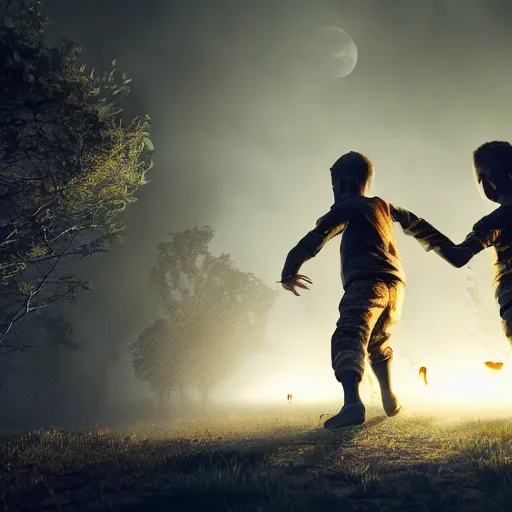 Image similar to two boys are escaping from the horde of zombies, volumetric lighting, moon light, hyperrealistic, beautiful details, HDR, octane render, action shot, wide angle, horror theme, cinematic,