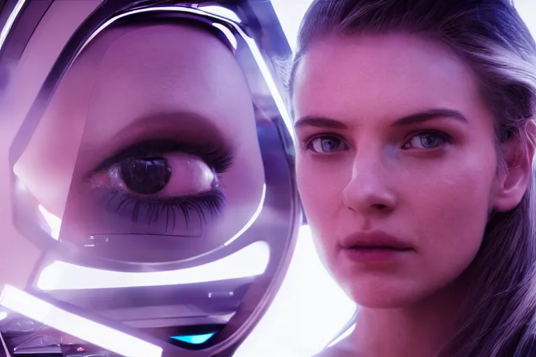 Image similar to VFX movie of a futuristic cyborg spacewoman gorgeous closeup portrait in high tech spaceship, beautiful natural skin neon lighting by Emmanuel Lubezki