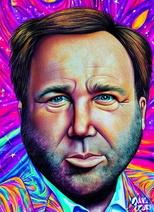 Image similar to highly detailed ultra realistic portrait of discheveled alex jones by lisa frank