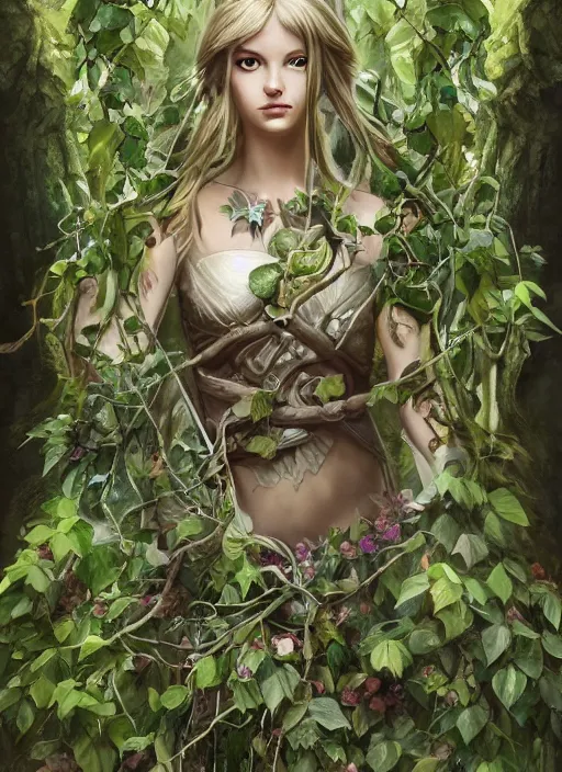 Image similar to beautiful full body portrait of the legend of Zelda ocarina of time great fairy, her body wrapped with ivy vines leaves and flowers, dark fantasy esoteric, D&D, fantasy, cinematic lighting, intricate, elegant, highly detailed, digital painting, artstation, concept art, matte, sharp focus, illustration, art by Artgerm and Tom Bagshaw and Greg Rutkowski and Alphonse Mucha