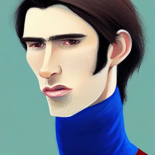 Image similar to gangly brunette man with hair long on top medium down the sides, blond beard, small chin, rectangular face, thin lips, English heritage, small blue eyes, middle aged, wearing a turtleneck and jacket, pale skin, narrow face, digital art, painterly, cartoon, cute, 8k, illustration, art by loish, painterly, trending on artstation, medium shot, uncropped