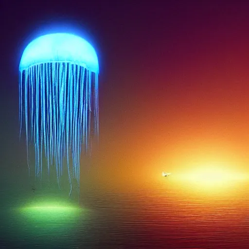 Prompt: floating luminescent jellyfish in an alien nocturnal jungle, matte painting, landscape, mysterious