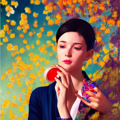 Image similar to A ultradetailed beautiful portrait panting of a stylish woman, she is holding a bunch of colorful pills in her hand, overhead shot, Oil painting, by Ilya Kuvshinov, Greg Rutkowski and Makoto Shinkai