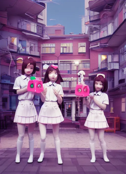 Prompt: plastic schoolgirls selling plastic cats, photorealism, canon r 3, symmetry, octane render, unreal engine, dramatic lights, professional studio photo