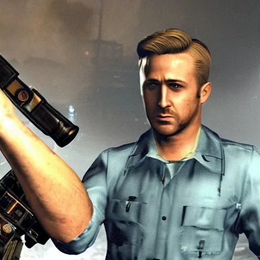 Image similar to ryan gosling in fallout 4 holds a minigun in his hands