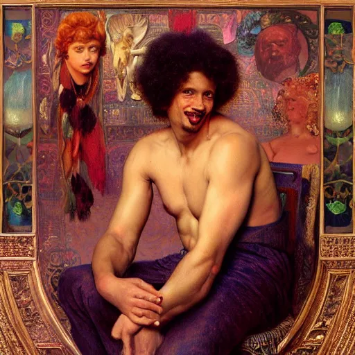 Image similar to highley detailed potrait of eric andre, painting by gaston bussiere, craig mullins, j. c. leyendecker, lights, art by ernst haeckel, john william godward, hammershøi,