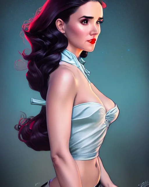 Image similar to a pin up and beautiful fashion charming dreamlke jennifer connelly, symmetrical face symmetrical eyes, character art, art by artgerm lau and wlop and and ilya kuvshinov and john singer sargent, joshua middleton comic art, hyperdetailed, 8 k realistic, symmetrical, frostbite 3 engine, cryengine, digital art