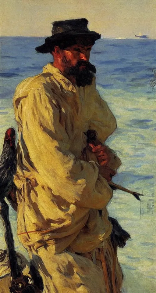 Prompt: orientalist portrait painting of a fisherman with a cormorant on his shoulder, by joaquin sorolla, in romantic style, sfumato, high detail, masterpiece