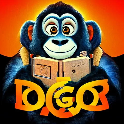 Image similar to “ logo and portrait of a monkey in the style of zootopia holding laser gun, with a black background, digital art, award winning, trending on art station, retro style ”