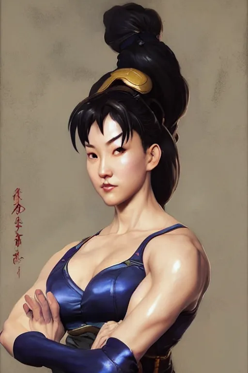 Image similar to portrait of Chun Li, Street fighter, highly detailed, digital art from artstation by Ruan Jia and Mandy Jurgens and Artgerm and william-adolphe bouguereau