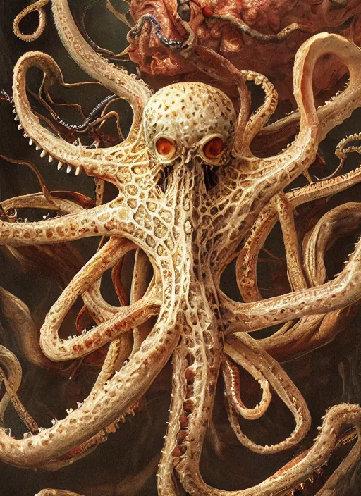 Image similar to magic octopus with translucent skin, visible muscles and veins and arteries and bones and spines and nerves, beautiful detailed intricate insanely detailed octane render, 8k artistic photography, photorealistic, chiaroscuro, by David Cronenberg, Raphael, Caravaggio