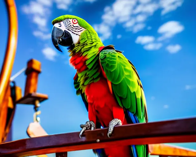 Image similar to low angle photo of a parrot on a pirate ship, rule of thirds, depth of field