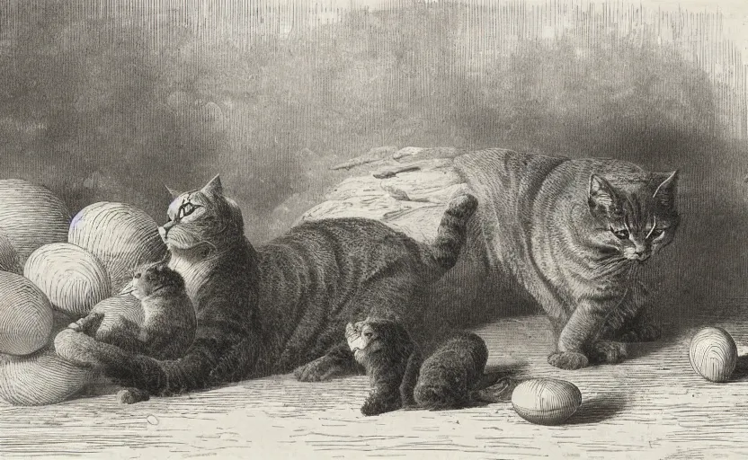 Image similar to huge cat guarding it's eggs from the business men. strange, photograph, photorealistic, 1850s