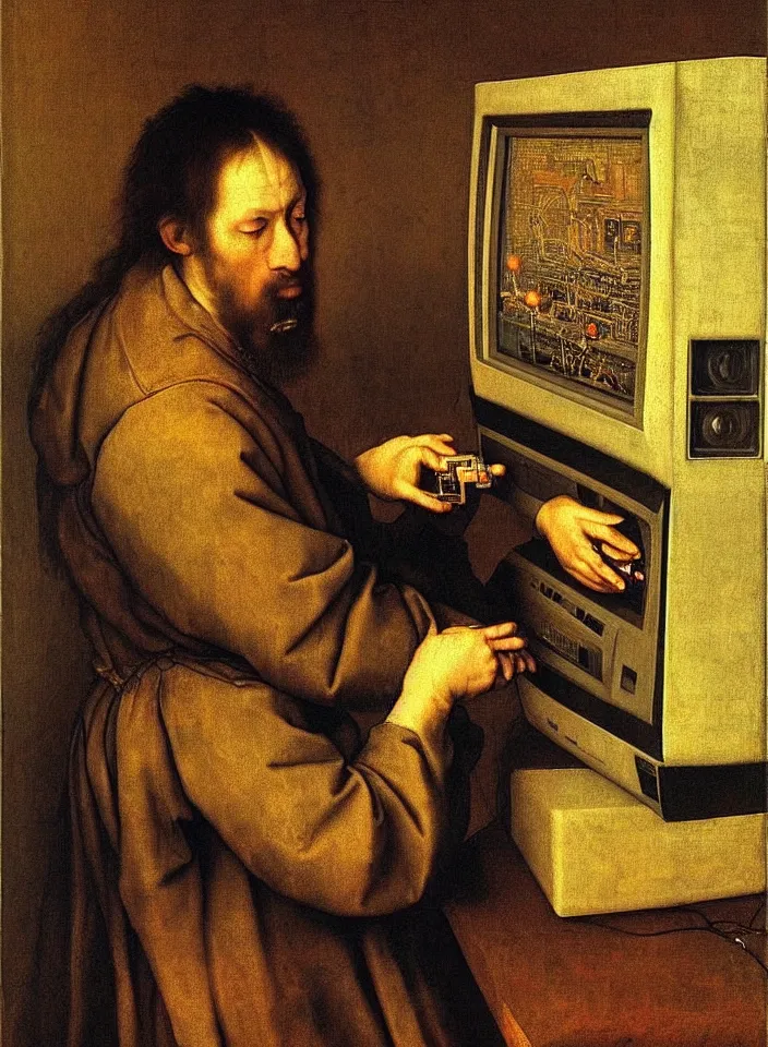 Image similar to Portrait of a man playing ATARI game on a CRT television. Painting by Albrecht Dürer. Intricate details. hyper realism. Masterpiece.