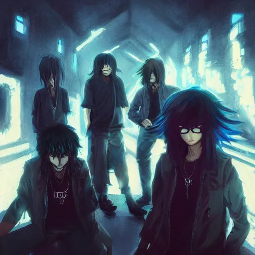 Prompt: greg rutkowski painting of an anime metal band photo, direct flash photography at night, film grain