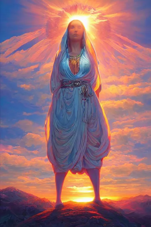 Image similar to the high Priestess of the sun god greets the rising sun, 8k resolution digital painting by David LaChapelle and Alena Aenami and Peter Mohrbacher, cinematic morning light