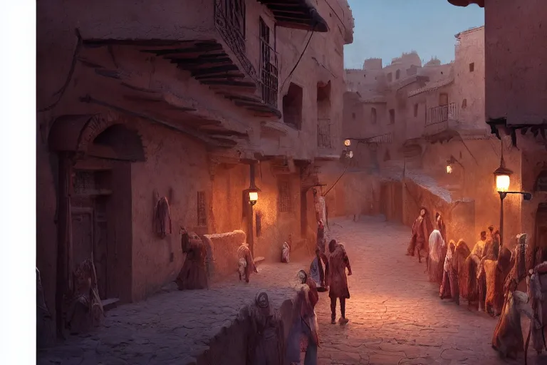 Image similar to in the middle of a adobe house kasbah town, mud and brick houses, merchant street, pueblo architecture, colorful crowd, festival. Scenic view at night, underexposed, clean horizon, matte painting by craig mullins and Anato_Finnstark, dark fantasy, style of game of thrones, concept art trending on artstation, 4k, intricate details