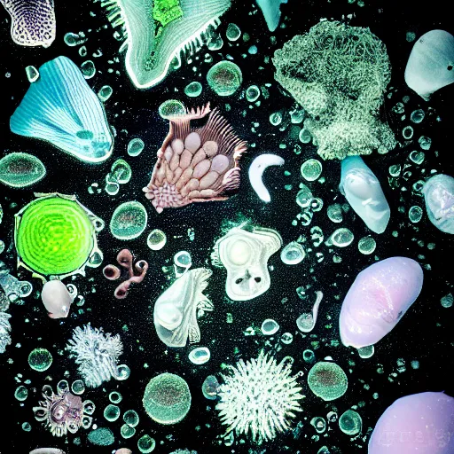 Image similar to macroscopic pond life including green algae, diatoms, dinoflagellates, protozoa, and amoeba. some rotifers. professional macroscopic photography. 8 k. studio lighting.