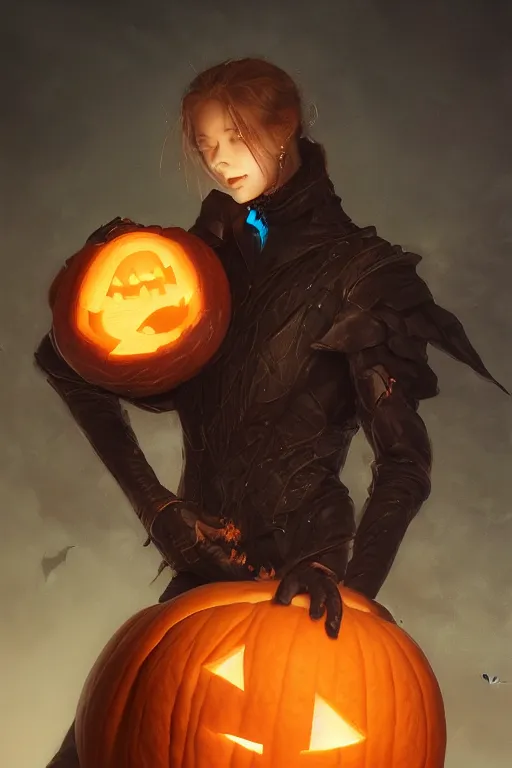 Image similar to portrait of headless horseman holding a pumpkin, halloween night, charlie bowater, artgerm, ilya kuvshinov, krenz cushart, ruan jia, realism, ultra detailed, 8 k resolution