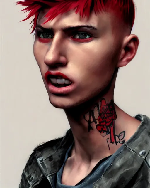 Prompt: young man with a short red mohawk, slim face, piercings, dressed in crustpunk clothing, headshot, attractive, handsome, model, trending on artstation, high quality art, character design, realism art, award winning art, clean face, by mandy jurgens, in color, digital painting, realistic shading, no makeup, no tattoos, no facial hair