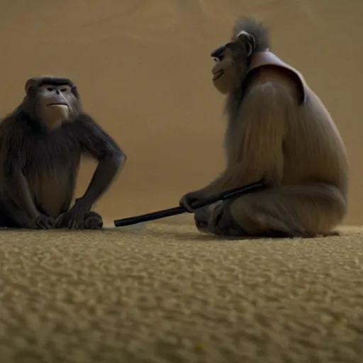 Image similar to a cinematic film still from a 2001 Pixar movie about a samurai monkey, in the style of Pixar, shallow depth of focus