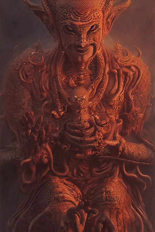 Image similar to Meditating Buddhist demon god, dark fantasy, intricate, highly detailed, smooth, artstation, painted by Wayne Barlowe, Greg Rutkowski, zdislav beksinski, Francis Bacon