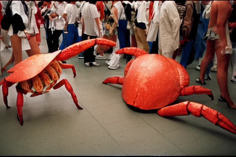 Prompt: cosplayer dressed like a crab, in 1 9 8 5, at an anime convention, royalcore, low - light photograph, photography by tyler mitchell