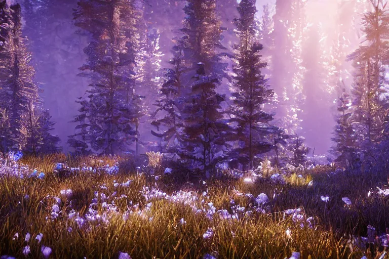 Image similar to crystalized forest with gilded trees and jeweled flowers by unreal engine, photorealistic