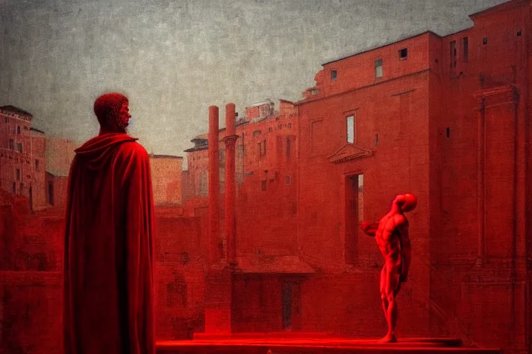 Image similar to only with red, caesar after war, the deal, a red tiger, in hoc signo vinces, rome in background, an ancient path, in the style of beksinski, part by hopper, part by rodcenko, part by hofbauer, intricate composition, red by caravaggio, insanely quality, highly detailed, masterpiece, red light, artstation