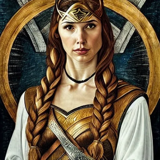 Image similar to gal gadot as a viking shield maiden, elegant portrait by sandro botticelli, detailed, symmetrical, intricate