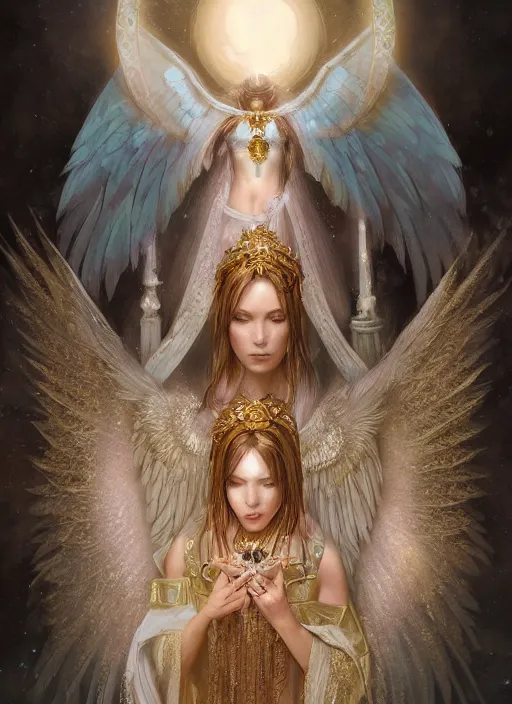 Image similar to A beautiful digital painting of a female Seraphim full of jewels, princess, the moon behind her, intricate, cinematic lighting, highly detailed, digital painting, Artstation, concept art, smooth, sharp focus, illustration, art by Tom Bagshaw, Artgerm and Greg Rutkowski