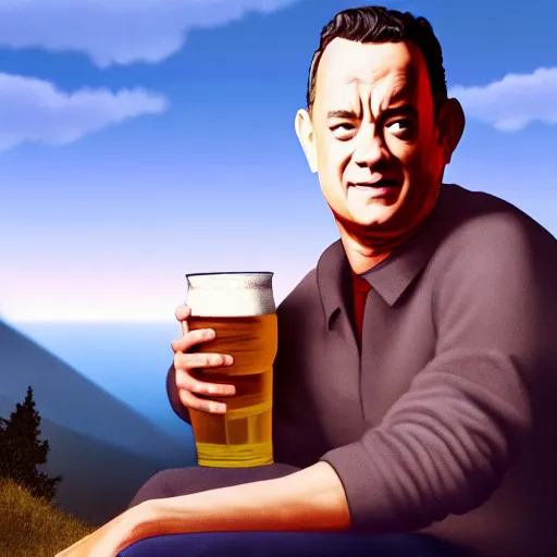 Image similar to Tom hanks at the top of a mountain, scenic view, holding a beer!!, digital art, gta 5 cover art, trending on artstation