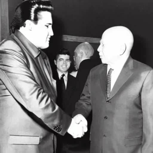 Prompt: photograph of elvis presley! shaking hands with nikita khrushchev!!