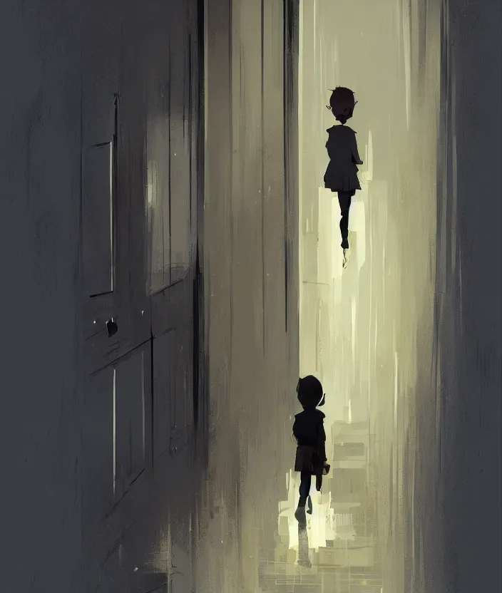 Image similar to a door at the end of a long dark staircase leading down and a dark corridor by pascal campion, trending on artstation „