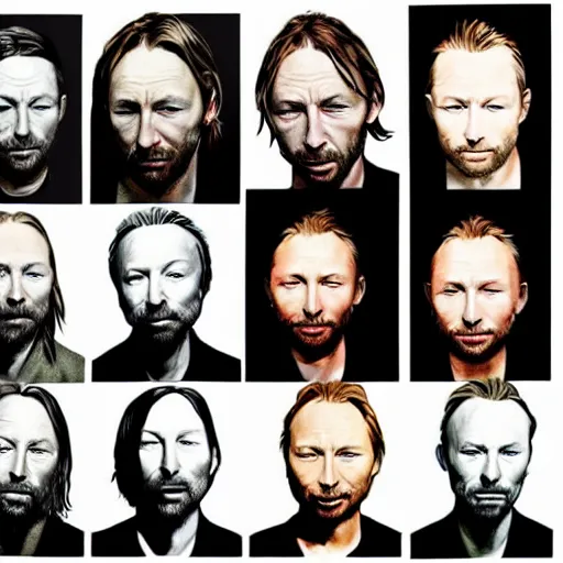 Image similar to versions collage, hyper realistic, many variations of thom yorke, very old, face variations, various emotions, various poses, high quality, brush stroke