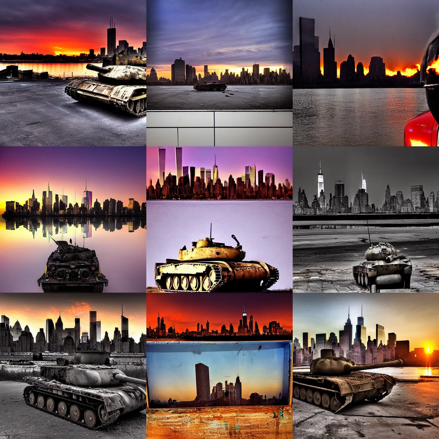Prompt: destroyed tank in front of the burning new york skyline, reflections, award winning photograph, sunset, desolate, atmospheric