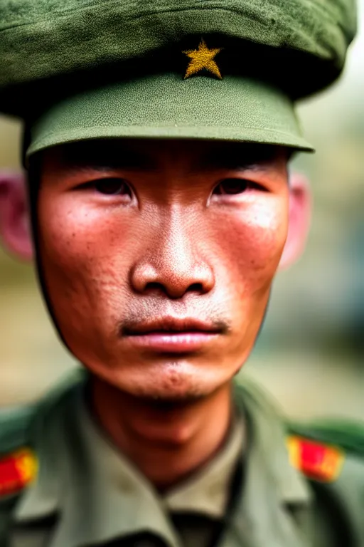 Prompt: vietnam soldier with skateboard, pulitzer award, big close up, captured by nikon d 8 5 0, 4 k, body features, face features, bokeh, proportional, object features, by daniel berehulak and adnan abidi and preston gannaway