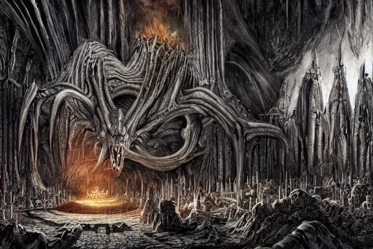 Prompt: a balrog lurking in moria, style of h. r. giger, many columns, mines of moria from the lord of the rings in the style of h. r. giger, directed by ridley scott, dark, cinematic, highly detailed, very realistic, photorealistic, filmed, cinemascope