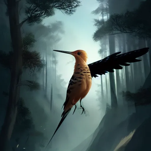 Prompt: hoopoe with his crest in avila pinewood, 4 k, concept art, by wlop, ilya kuvshinov, artgerm, krenz cushart, greg rutkowski, pixiv. cinematic dramatic atmosphere, sharp focus, volumetric lighting, cinematic lighting, studio quality