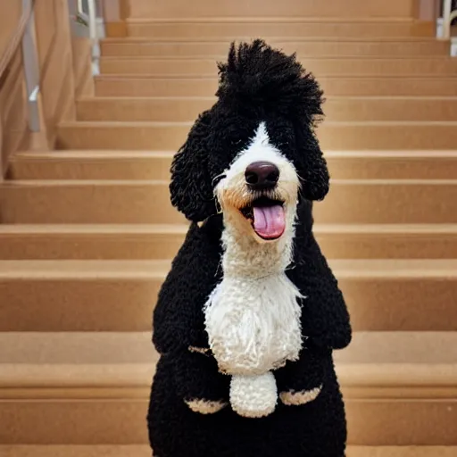 Image similar to a closeup photorealistic photograph of a cute smiling knitted bernedoodle judge dog dressed in a black gown, presiding over the courthouse. indoors, professional capture, well lit shot. this 4 k hd image is trending on artstation, featured on behance, well - rendered, extra crisp, features intricate detail, epic composition and the style of unreal engine.