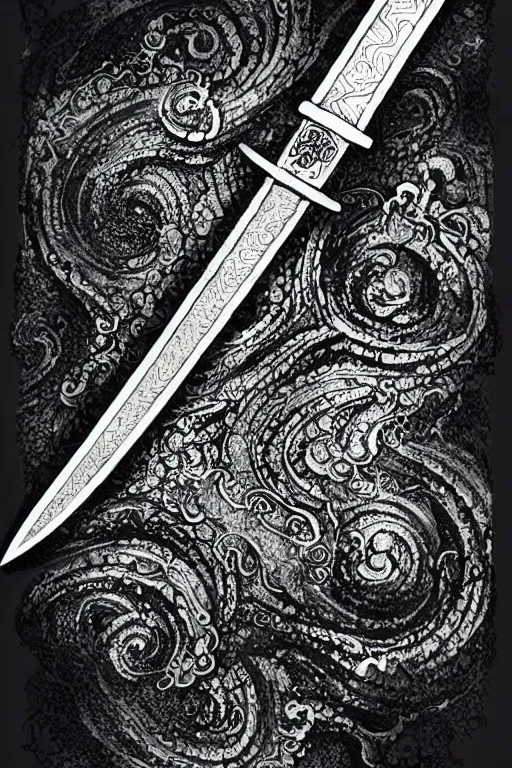 Image similar to intricate, realistic ink drawing of a katana sword in a splash of ink, centered, fully visible 8 k