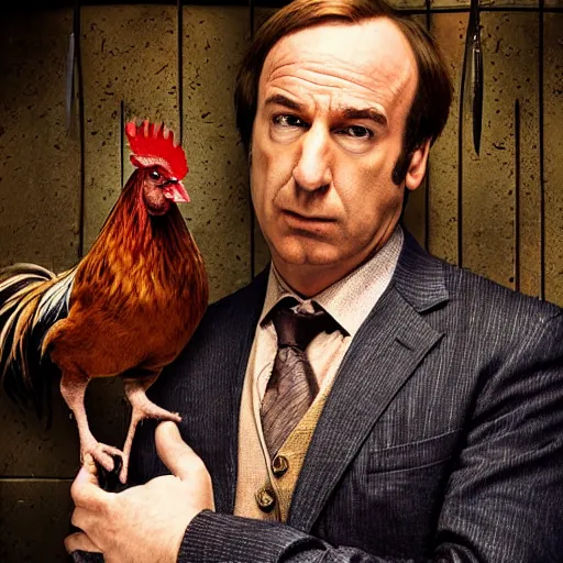 Image similar to saul goodman and a rooster in a medieval torture chamber, saw blades and knives in the background, horror movie, saul goodman, rooster, real life photo, detailed face