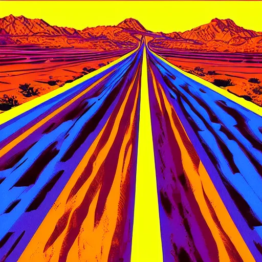 Image similar to !dream Utah desert Highway, retro, desert highway, retro colors, bold colors, drawn by Arthur Adams, 8k, digital art, artstation