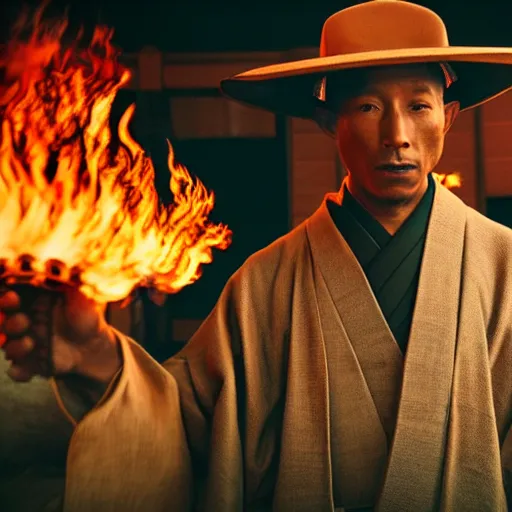 Image similar to cinematic film still Pharrell Williams starring as a Samurai holding fire, Japanese CGI, VFX, 2022, 40mm lens, shallow depth of field,film photography