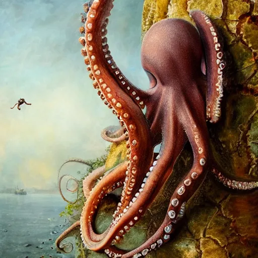 Image similar to an octopus leaving the nest to fly for the first time, oil on canvas, portrait, intricate, 8k highly professionally detailed, HDR, CGsociety